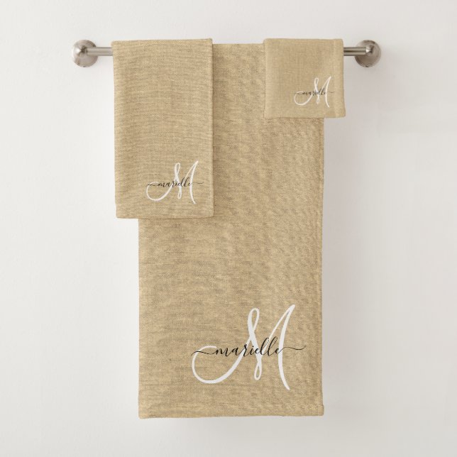 Weißes Monogramm Imitat Leinenstrohkaramel Badhandtuch Set (Insitu)