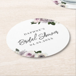 Weißes Moody-Anemone und Lila Brautparty Runder Pappuntersetzer