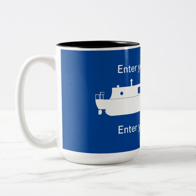 Weißes Narrowboat-Emblem mit Text Zweifarbige Tasse (Links)