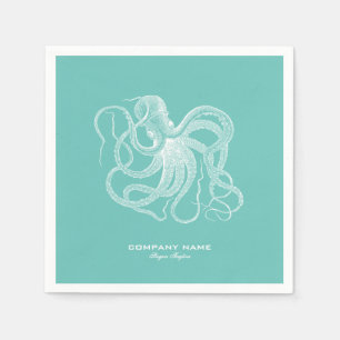 Weißes Oktopus nautische Abbildung auf blau-grün Serviette