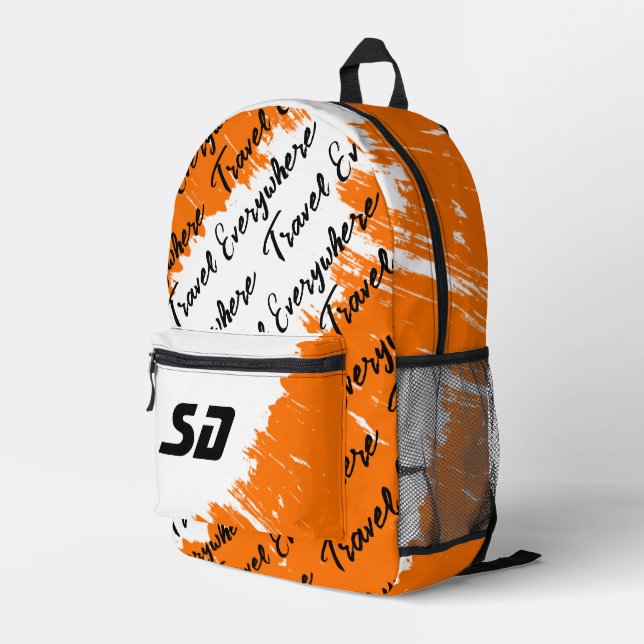 Weißes Orangefarbenes Schwarz mit Initialen Bedruckter Rucksack (Rückseitige Ecke Rechts)
