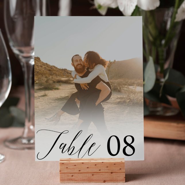 Weißes Overlay Foto Hochzeit in elegantem Kalligra Tischnummer (White overlay elegant calligraphy photo wedding table number)