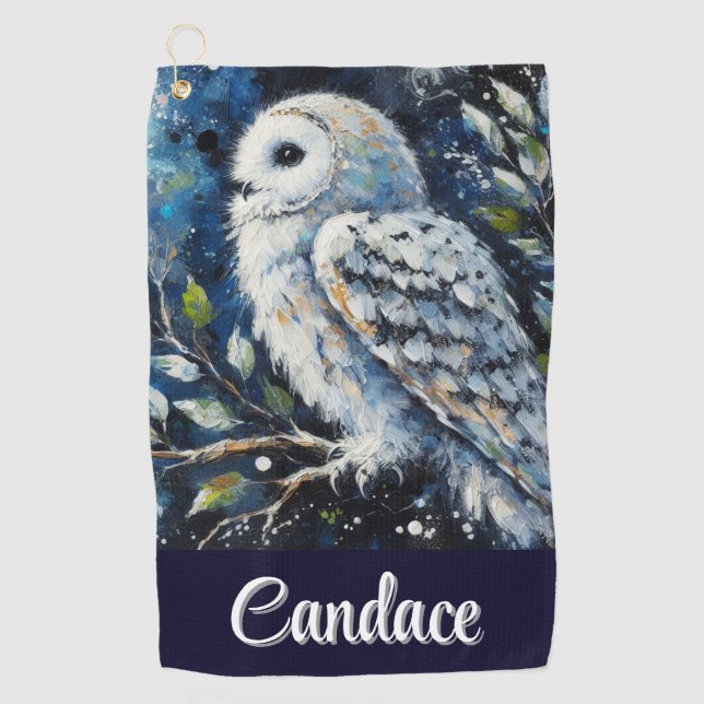 Weißes Owl am Zweig im Mondlicht Personalisiert Golfhandtuch (Vorderseite)