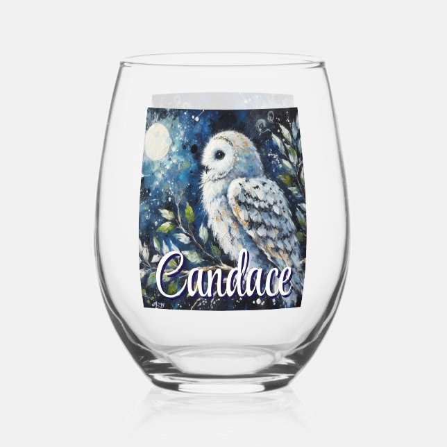 Weißes Owl am Zweig im Mondlicht Personalisiert Weinglas Ohne Stiel (Vorderseite)
