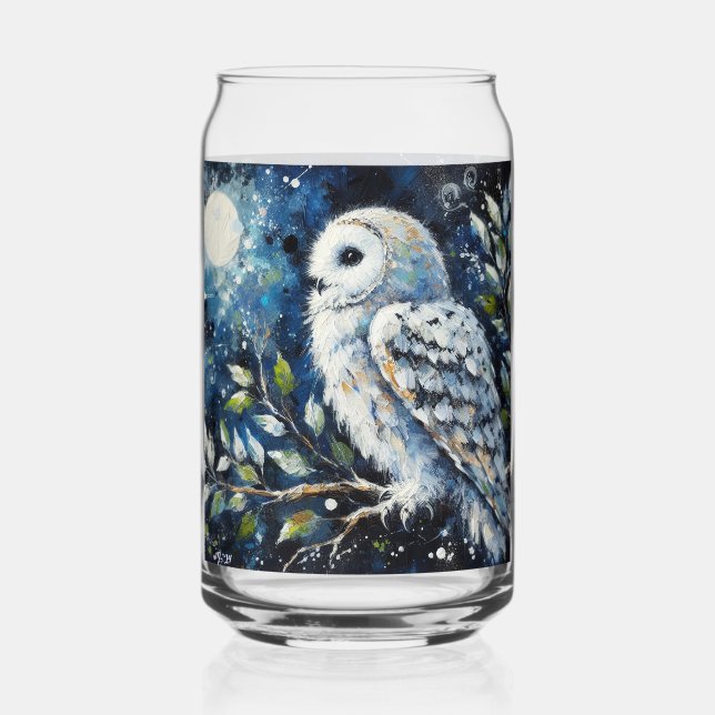 Weißes Owl am Zweig in der Mondlichtmalerei Dosenglas (Vorderseite)