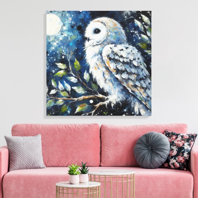 Weißes Owl am Zweig in der Mondlichtmalerei Leinwanddruck (Insitu (Wohnzimmer))
