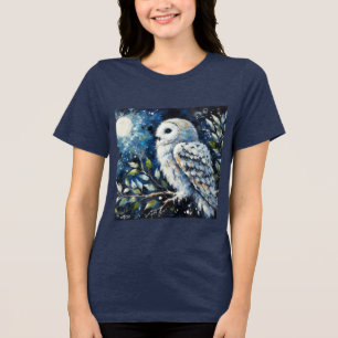 Weißes Owl am Zweig in der Mondlichtmalerei Tri-Blend Shirt