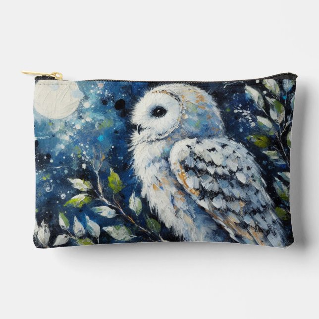 Weißes Owl am Zweig in der Mondlichtmalerei Zubehörtasche (Vorderseite)
