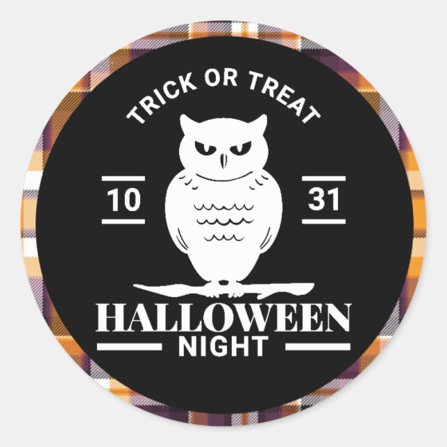 Weißes Owl Halloween Schwarz/Orange Kariert Runder Aufkleber (Vorderseite)