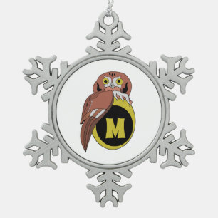 Weißes Owl Monogramm Schneeflocken Zinn-Ornament