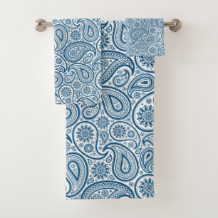 Weißes Paisley-Muster mit blauem Hintergrund Badhandtuch Set