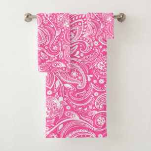 Weißes Paisleymuster auf rosa Hintergrund Badhandtuch Set