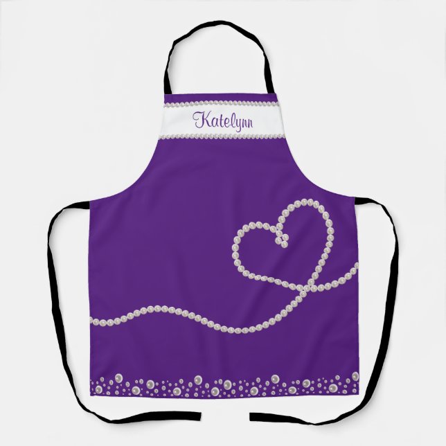 Weißes Perlenherz auf Lila Personalisierten Schürze (Vorderseite)