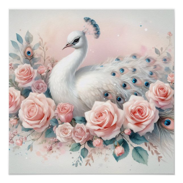 Weißes Pfau Rosa Roses Dekoupage Poster (Vorderseite)