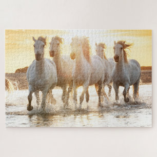 Weißes Pferd am Strand bei Sonnenuntergang Puzzle
