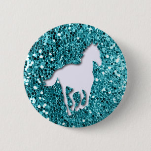 Weißes Pferd auf Aqua-Glitzer-Blick Button