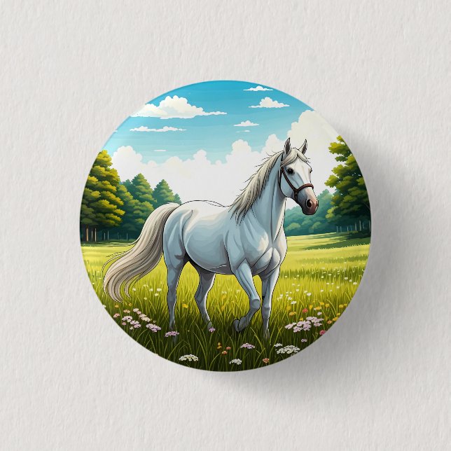 Weißes Pferd auf einer Wiese stehend Button (Vorderseite)