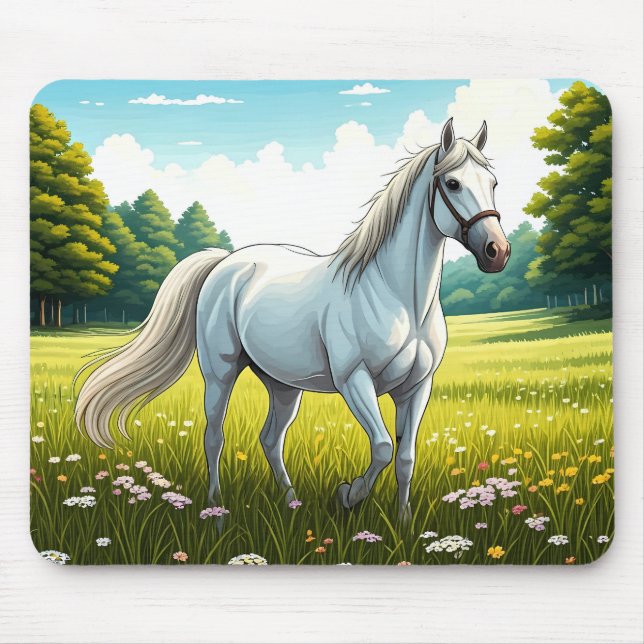 Weißes Pferd auf einer Wiese stehend Mousepad (Vorne)