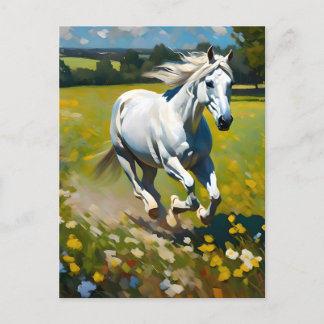 Weißes Pferd auf einer Wildblume Wiese Postkarte