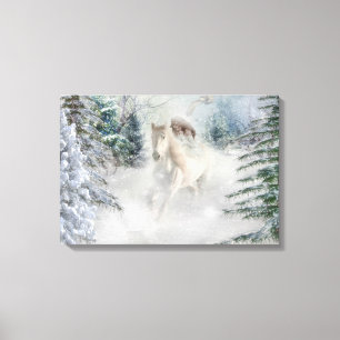 Weißes Pferd Galloping durch schneebedeckte Pine Leinwanddruck