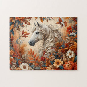 Weißes Pferd Herbstblumen Puzzle