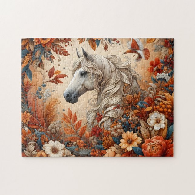 Weißes Pferd Herbstblumen Puzzle (Horizontal)