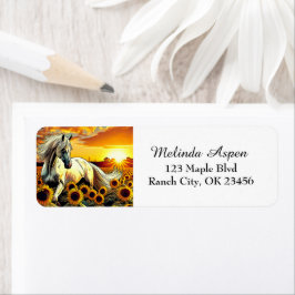 Weißes Pferd im Feld der Sonnenblumen bei Sonnenun