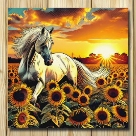 Weißes Pferd im Feld der Sonnenblumen bei Sonnenun Poster