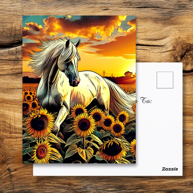Weißes Pferd im Feld der Sonnenblumen bei Sonnenun Postkarte (Von Creator hochgeladen)