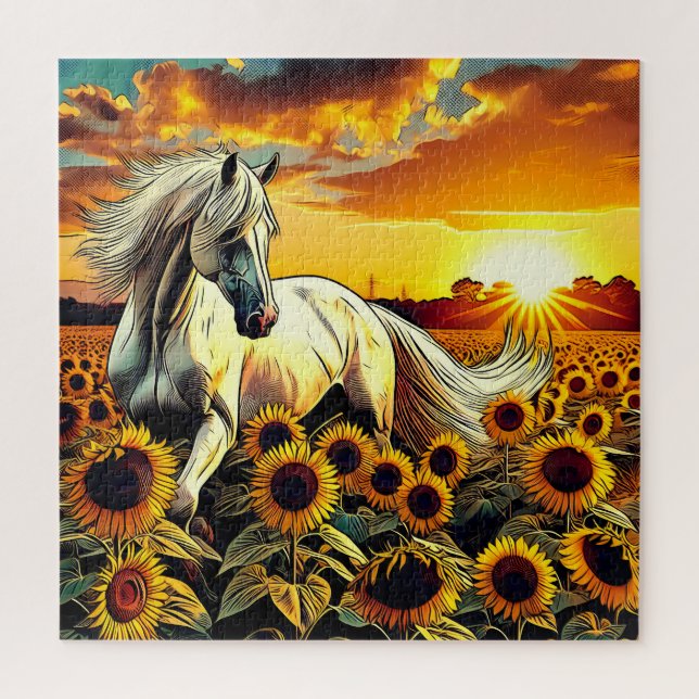 Weißes Pferd im Feld der Sonnenblumen bei Sonnenun Puzzle (Vertikal)