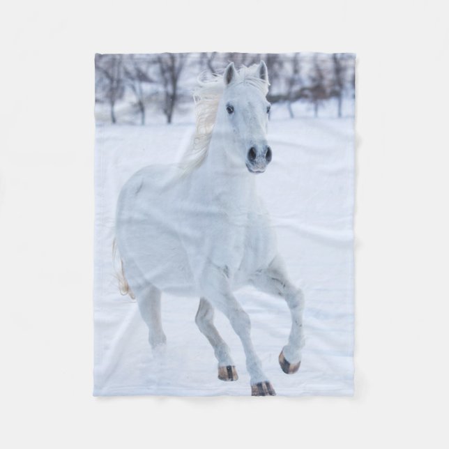 Weißes Pferd im Schnee laufen Fleecedecke (Vorderseite)