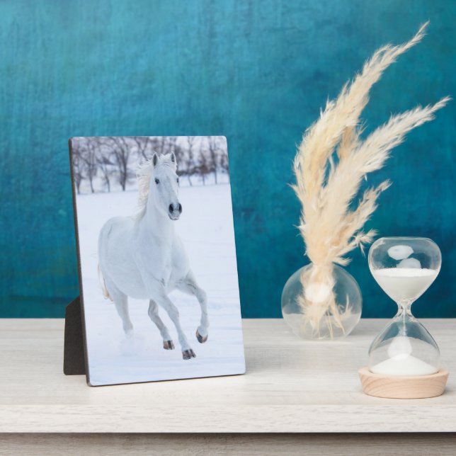 Weißes Pferd im Schnee laufen Fotoplatte (Seite)