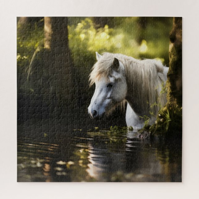 Weißes Pferd im Teich Puzzle (Vertikal)
