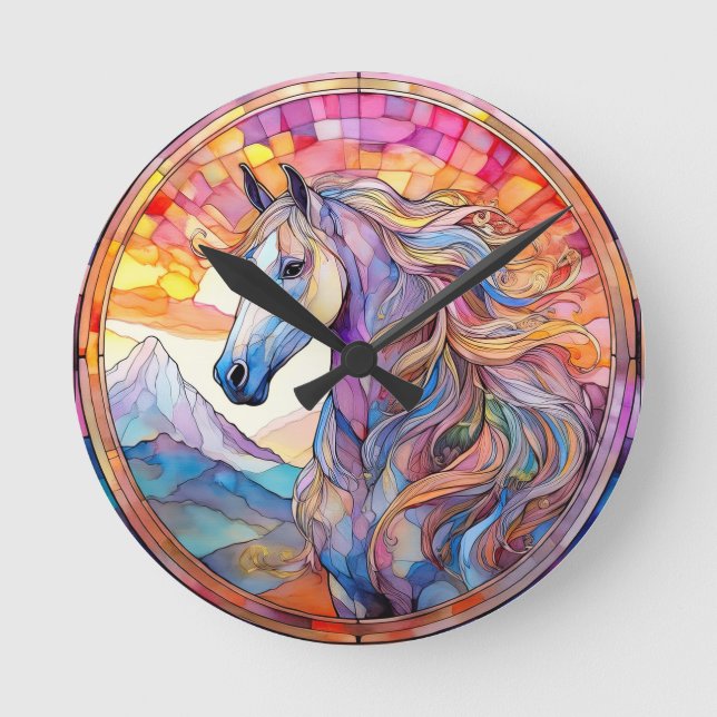 Weißes Pferd in Bleiglas  Runde Wanduhr (Vorderseite)
