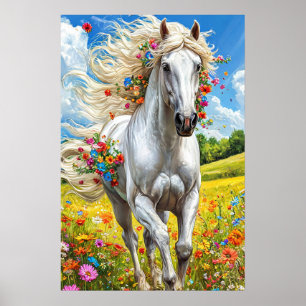 Weißes Pferd in blühender Wiesenlandschaft Deko 🎁