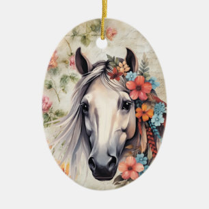 Weißes Pferd in Blumen. Keramik Ornament