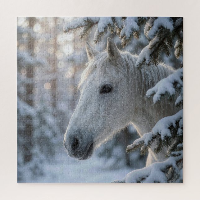 Weißes Pferd in schneebedecktem Kiefernbaum Puzzle (Vertikal)