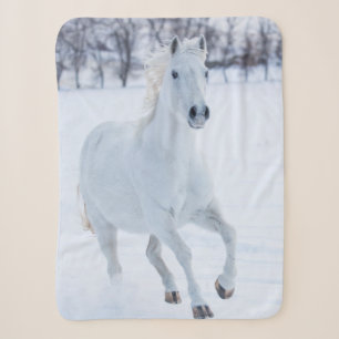 Weißes Pferd läuft im Schnee Sherpadecke