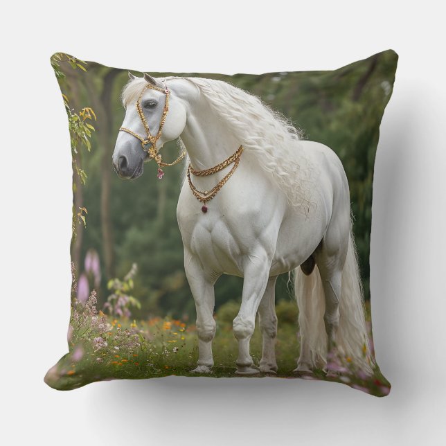 Weißes Pferd mit blühender Mane Kissen (Vorderseite)