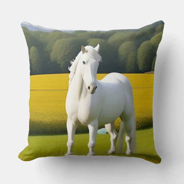 Weißes Pferd mit Blumengarten Kissen (Vorderseite)