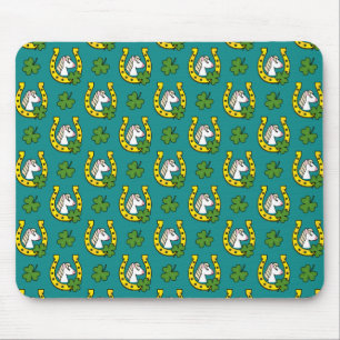 Weißes Pferd mit Goldener Pferdeschuh, Kleeblatt M Mousepad