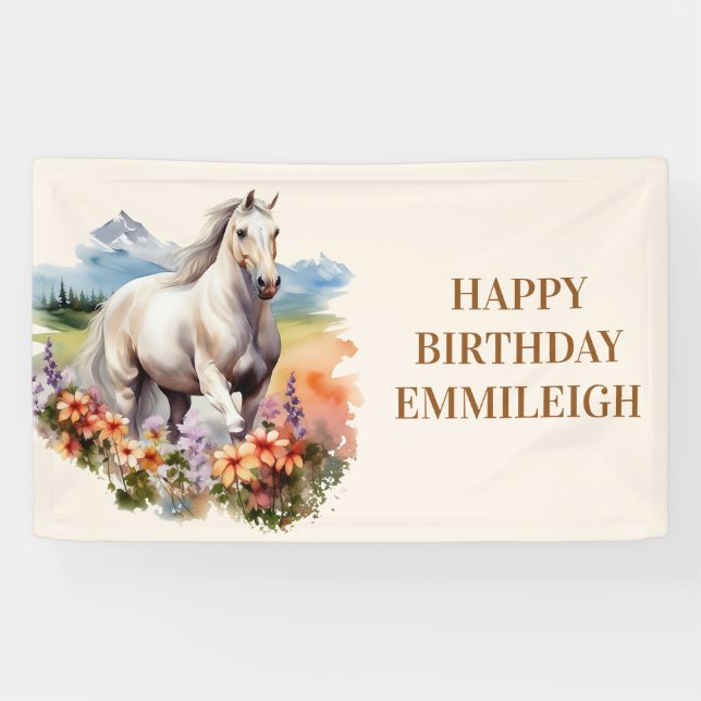Weißes Pferd Name Reitsport Geburtstag Banner (Horizontal)