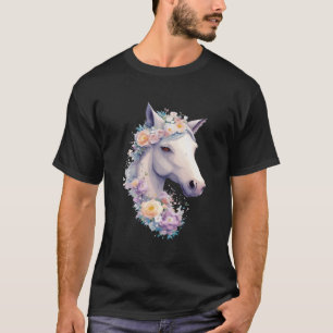 Weißes Pferd Portrait mit Blume Pferderücken Ri T-Shirt
