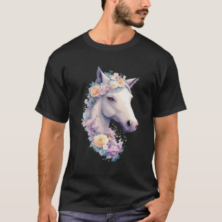 Weißes Pferd Portrait mit Blume Pferderücken Ri T-Shirt