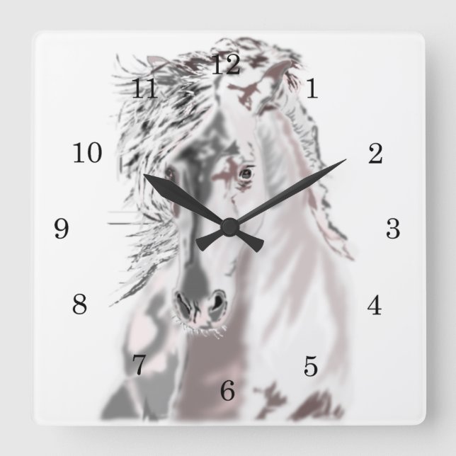 Weißes Pferd Quadratische Wanduhr (Vorderseite)