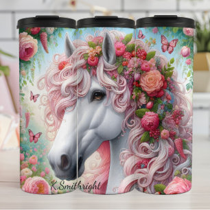 Weißes Pferd Rosa Blumenfantasie Thermosbecher