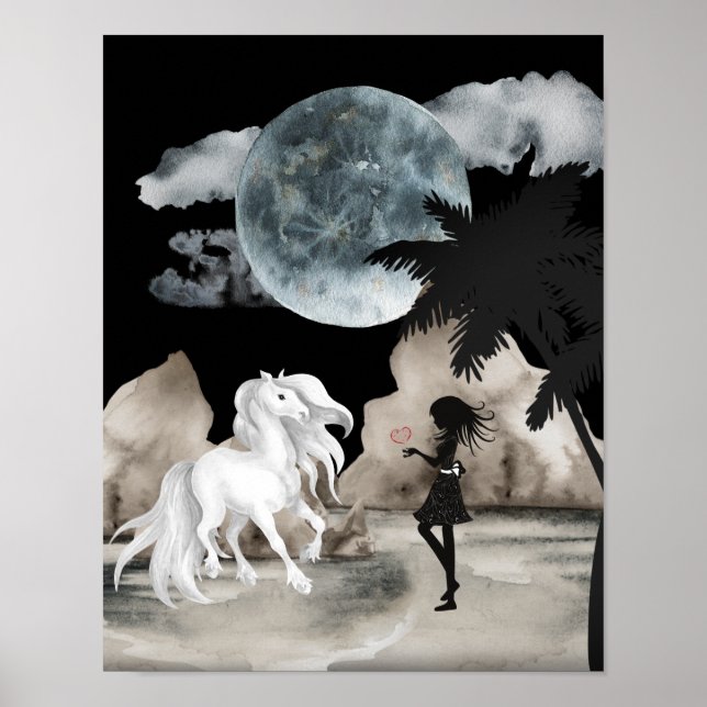 Weißes Pferd und Mädchen mit Herz Vollmond Strand Poster (Vorne)