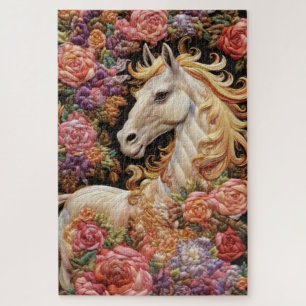 Weißes Pferd und Rose Stickerei Puzzle