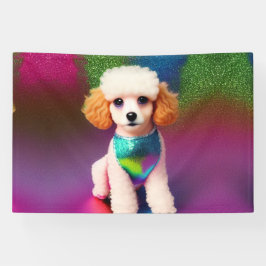 Weißes Poodle mit Cremeohren auf Regenbogenfunkel Banner