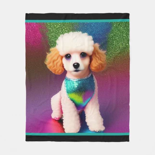 Weißes Poodle mit Cremeohren auf Regenbogenfunkel Fleecedecke (Vorderseite)